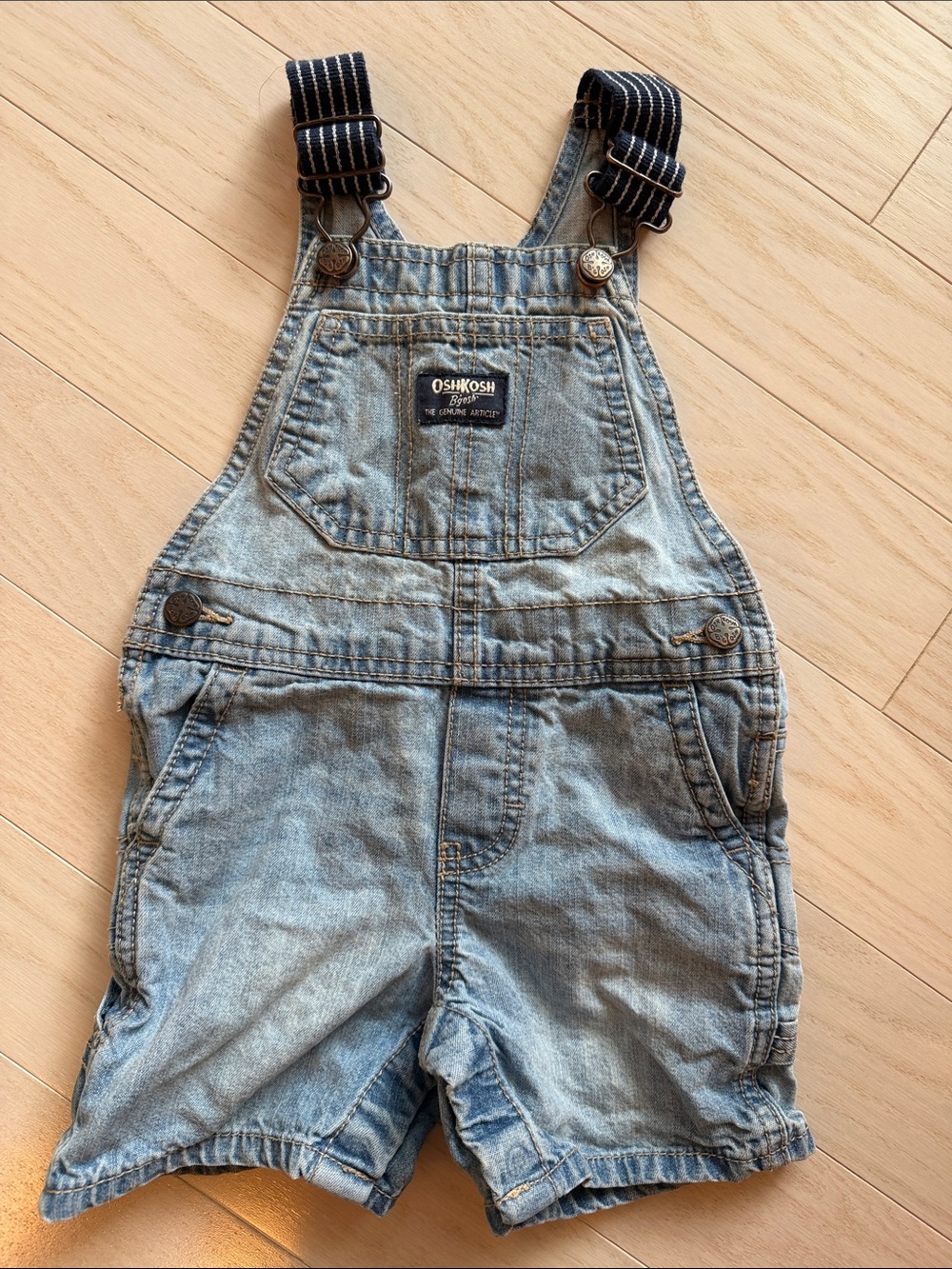 OshKosh B'gosh Light Wash Denim Short Overalls with Striped Straps